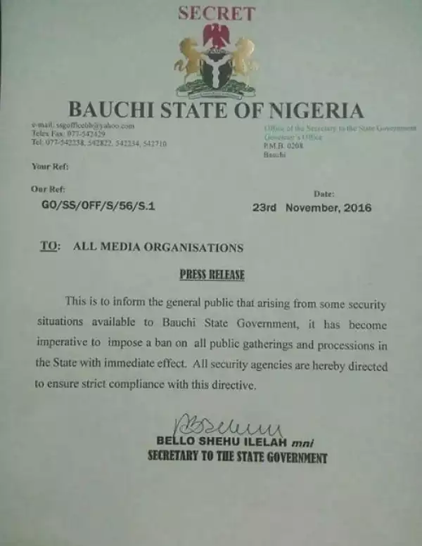 Security Reason: Bauchi Government Bans All Social Gatherings With Immediate Effect